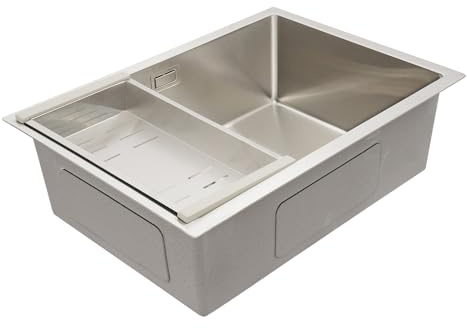 KiwiHood Fregadero de cocina de acero inoxidable, 60 x 44 cm, con escurridor, acero inoxidable 304, color negro, para montaje bajo encimera, incluye escurridor y desagüe (plateado)