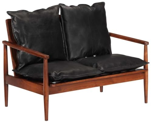SKTQYQO Schwarzes 2-Sitzer-Sofa aus echtem Leder mit Gestell aus massivem Akazienholz für Wohnzimmer, modernes und elegantes Design mit komfortabler Sitzerfahrung und einfacher Oberfläche