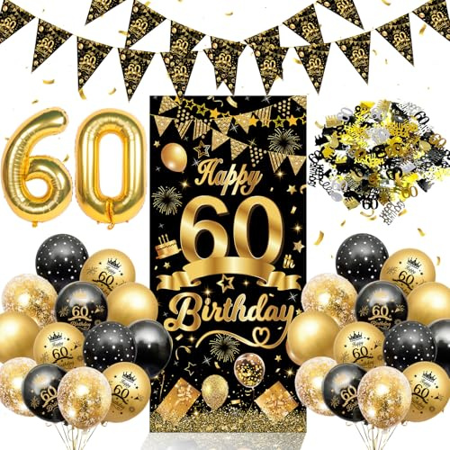 60. Geburtstag Deko für Männer, Deko 60.Geburtstag Luftballons Schwarz Gold | 60 Geburtstags Dekoration Set mit Geburtstagsdeko 60 Jahre Lange Banner,Konfetti Deko, Zahl 60 und Wimpelkette für Mann