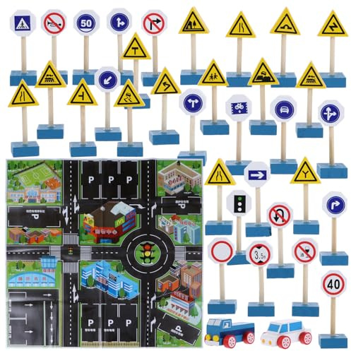 KOMBIUDA Jeu de Construction 33 Panneaux de Signalisation Routière 2 Petites Voitures 1 Carte, Éducatif pour Garçon et Filles, Blocs de Signalisation Colorés, Apprentissage Sécurité