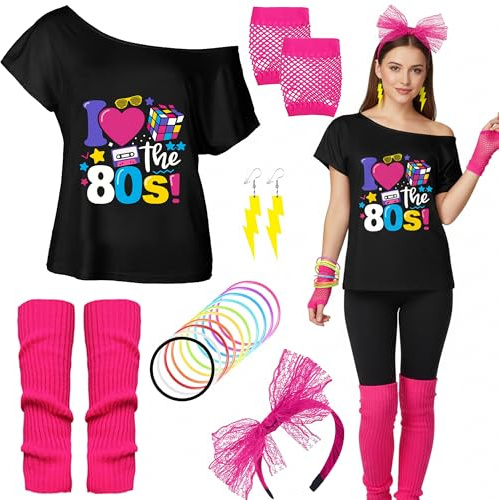 80er Jahre Outfit Damen Set - 80er kostüm Accessoires mit T-Shirt Stirnband Neon Armband Ohrring, Netzhandschuhe für Karneval Fasching Party Retro Mottoparty Kleidung Frauen (Medium)