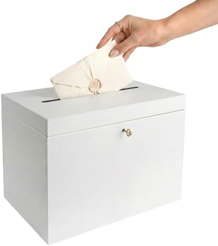 Creative Deco Weiße Kartenbox Hochzeit Holzkiste mit Deckel 29 x 20 x 22 cm | Geldgeschenke Holzbox mit Schlitz, Schloss, Schlüssel Geschenkkarten Box Geldbox Briefbox Kasten | Lagerung Spendenbox