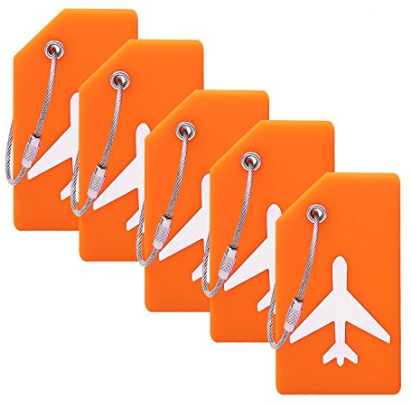 Silicone Luggage Tag with Name ID Card Perfect to Quickly Spot Luggage Suitcase (Plane 5Pcs Orange)
