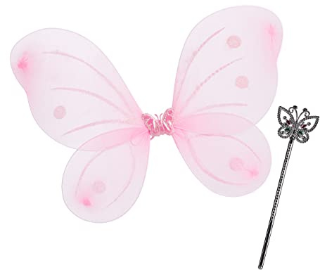 Relaxdays 5 x Feenflügel mit Zauberstab, Fee Kostüm Kinder, Flügel & Zepter, Elfen Kostüm Glitzer, Mädchen, Feenset, pink & Silber