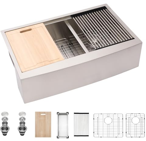 33 Farmhouse Sink Double Bowl - Kichae 33 Inch Apron Front Stainless Steel Double Bowl Low Divided 60/40 Ledge Workstation Handmade Farm Kitchen Sink
