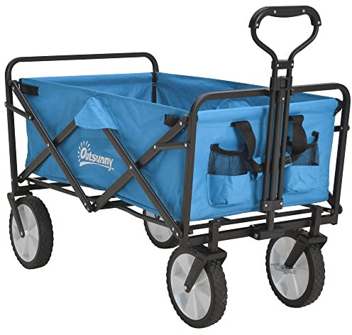 Outsunny 90L Festival Trolley on Wheels, Folding Camping Trolley Cart with Adjustable Handle, Portable for Outdoor, Garden, Shopping, Fishing, Blue