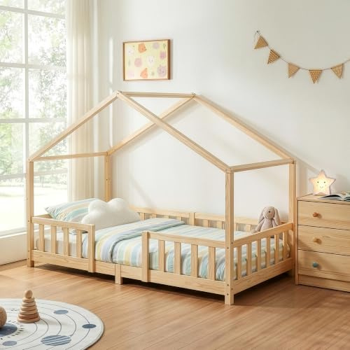 [en.casa] Children's bed Treviolo house bed 90 x 200 cm wooden bed for children with fall-out protection bed frame with slatted frame pine wood wood colours