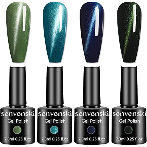 Senvenski Magnetisch Gel Nagellack Cat Eye Armee Grün Marine Royal Blau Smaragd Olive Teal Türkis Glitzer UV LED Gift Set Kit Nagellack Kinder Mädchen (MY004)