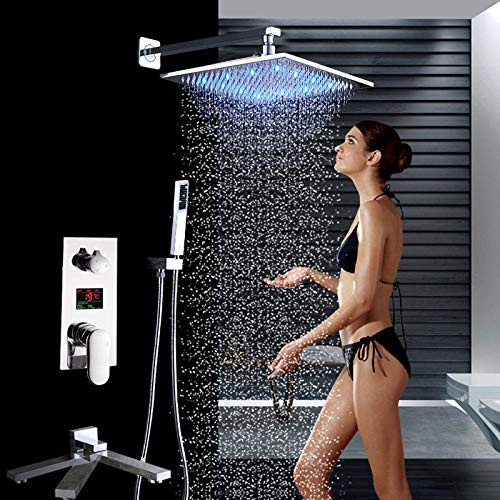 Rainfall Shower Faucet 12inch Chrome Digital Temperature Screen Bath Shower Mixer with Handshower Swivel Folding Spout