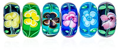 Gemischte Satz Von 6 Bündel .925 Sterling Silber Kern Transluzente Schattierungen Von Aqua Blau Schwarz Rosa Grün Vintage-Stil Blumen Murano Glas Charme Bead Spacer Passt Europäischen Armband