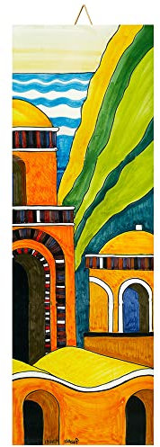 Baldosa cerámica cm. 10x30 con Impresión de un Paisaje de la Costa de Amalfi, Paisaje costero 2, Azulejo Ornamental para Colgar.