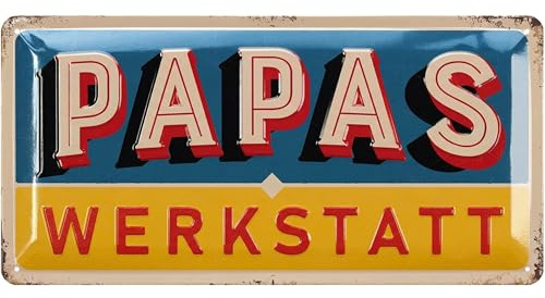 Targa in metallo con scritta in lingua tedesca Papas Werkstatt, idea regalo per compleanno o festa del papà,Targa in metallo vintage con curvatura, 17x34 cm