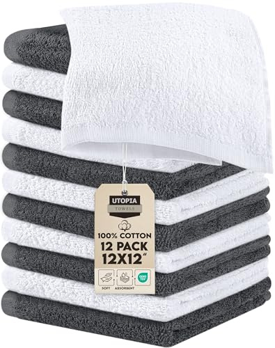 Utopia Towels Baumwoll-Waschlappen-Set – 100% ringgesponnene Baumwolle, hochwertige Flanell-Waschlappen für das Gesicht, sehr saugfähige und weiche Handtücher, 12 Stück, Grau/Weiß