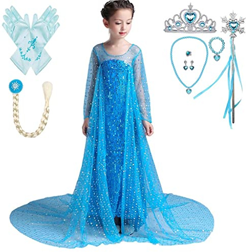 Lito Angels Fille Robe Pailletée avec Traîne et Accessoires, Bleu, 8-9 ans