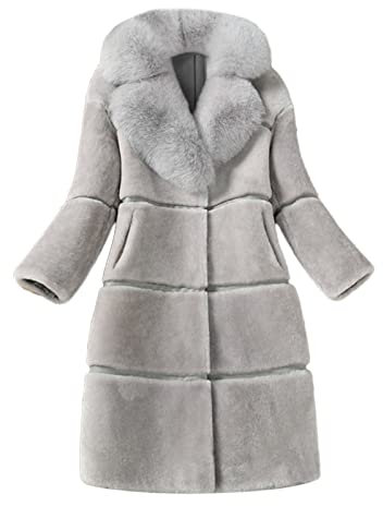 Generic Winterjacke Damen Oversize Kunstpelz Mantel Damen Winter Warm Faux Fur Kunstfell Jacke Lang Pelzmantel Elegant Einfarbig Felljacke Damenmantel Winterjacke mit Tasche, Grau, L