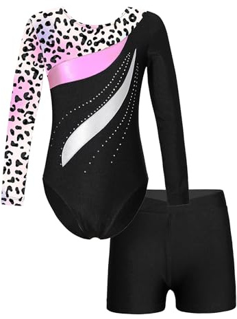 CHICTRY Kids Girls Long Sleeve Gymnastics Leotard Workout Bodysuit with Shorts 2 Pieces Set Tracksuit Tumbling Dance Outfits Leopard 7-8 Years