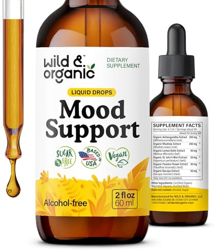 Wild & Organic Mood Support Drops - Good Mood Supplements w/Ashwagandha Root & Rhodiola Rosea - Natural Liquid Drops for Positive Energy - Calm and Relax Supplements for Women and Men - 2 oz