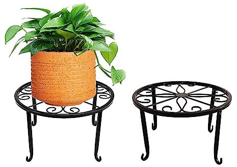 Paquete de 2 soportes para plantas de metal, antióxido, soportes para plantas de metal, para balcón, jardín, interior y exterior (negro)