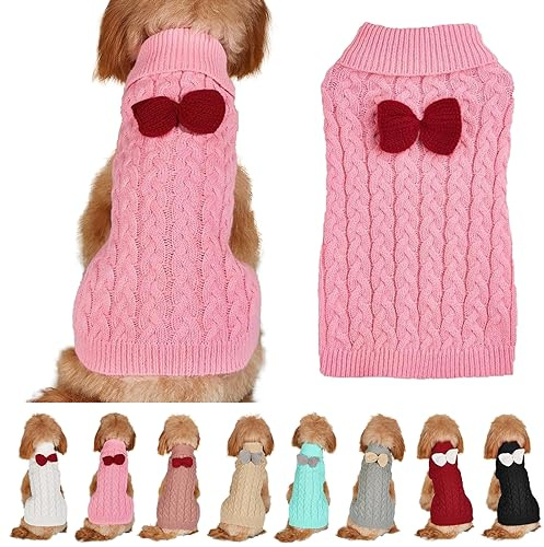 cane Dolcevita Maglione Fiocco Maglia Ponticello Caldo Vestiti per Cani Invernali Pullover Maglieria Uncinetto Cappotto Costume di Natale Pet Maglione (S, Rosa)