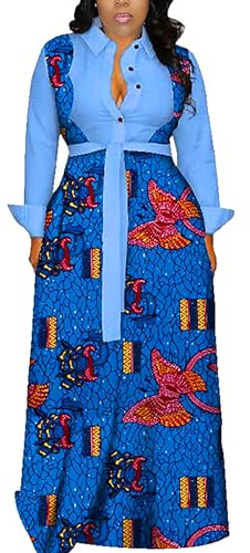 RICOCHO Robe Chemise Longue Africaine pour Femmes, col en v, Kente Ankara, imprimé ceinturé, Maxi, Robe Traditionnelle Dashiki