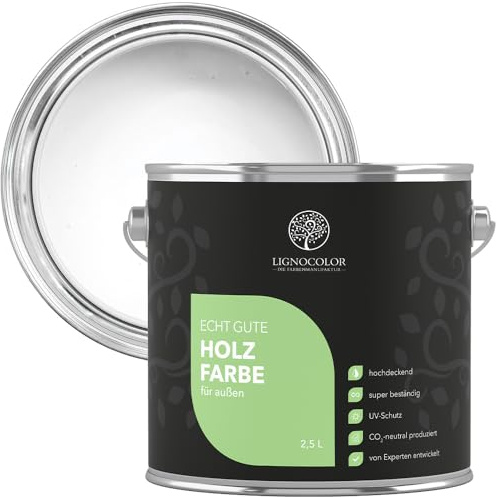 Lignocolor Holzfarbe Außen glänzend | wetterfeste Farbe für den Außenbereich (Weiss glänzend, 2,5L) | hochdeckend & hochbeständig