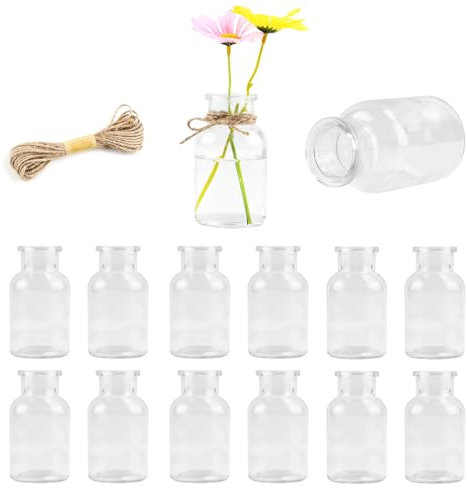 iulrtba 12 Stück Kleine Glasvasen für Tischdeko, 10cm Hoch 125ml Kleine Vasen Set für Hochzeit- Mini Vasen Glasfläschchen mit 5m Juteschnur & 12 Etikettenpapi für Zuhause, Hochzeiten, Geburtstage
