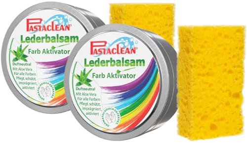 Pastaclean® Lederbalsam mit Aloe Vera 2x 250 ml + 2x Schwamm | Lederfett Farblos | Lederpflege für Auto Möbel Schuhe Lederbekleidung Handtaschen Zaumzeug Sättel | Pflegt, schützt, imprägniert