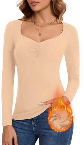 WOWENY Thermo Oberteil für Damen Winter Pullover Sweetheart Neck Langarm Thermounterwäsche Gerripte Tshirts Unterhemd Langarmshirt Fleece Shirt,Beige,XL