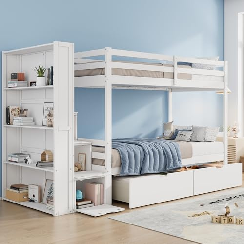 Ymkua Etagenbett Kinderbett 90x200 cm mit Stauraum, Hochbett Hausbett mit Lagerregal und Treppe, Bettgestell Bett mit 2 Schubladen und Rausfallschutz, Holzbett mit Lattenrost, Weiß, Ohne Matratze