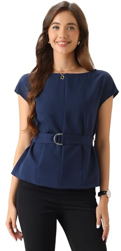 Allegra K Dam elegant blus med huva skjortor båthals affärer kontor peplum skjorta med bälte, Mörkblå, L