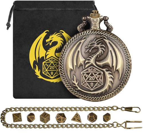 Mini DND Würfel Set, Steampunk Drachen Taschenuhrgehäuse, D&D Würfel Bronze | 7 teiliger Polyedrischer Metall Würfel, DND Würfel Set Geschenke, Geschenktasche, Rollenspiel, Brettspiel-Zubehör, MTG，RPG