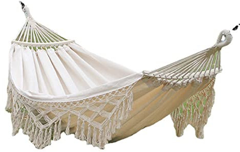Double Camping Hammock with Brazilian Tassels and Crochet Fringe Cotton Canvas Material with Spreader Bar Includes Carrying Bag White Color