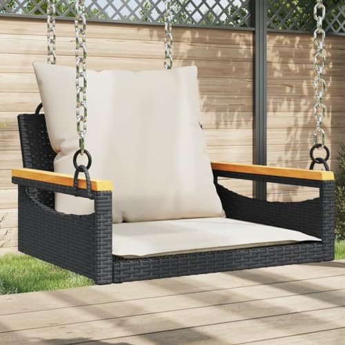 Gecheer Hängesessel mit Kissen, Gartenschaukel mit Befestigungsringen, Schaukelbank aus Poly Rattan, 63x62x40 cm, für Außenbereich