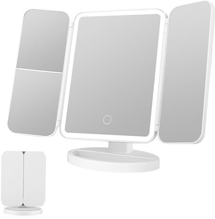 Makeup Mirror with LED Lights - 1x/2x/3x Trifold Magnifying Dressing Table Makeup Mirrors, Stepless Dimming and Touch Control Light Up 180° Rotation Cosmetic Vanity Mirror for Make Up Cleaning Shaving