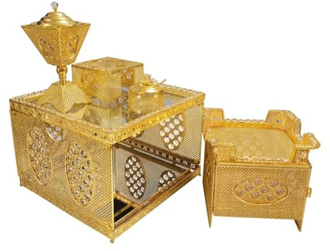 Ethiopian Eritrean Coffee Table Set, Gold-Toned Decorative Rekebot with Crystal Accents, Handcrafted Metal Design