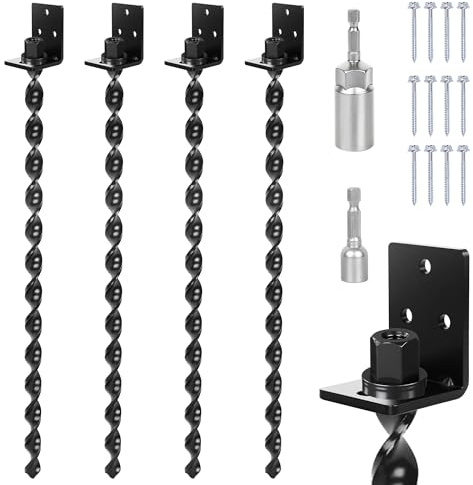 24 Heavy Duty Ground Anchors Screw in, Set of 4 Mobile Home Anchors, Multi-Purpose Earth Anchors with Brackets and Adapter for Drill, Ideal for Mobile Homes, Storage Sheds and Carports(Black)