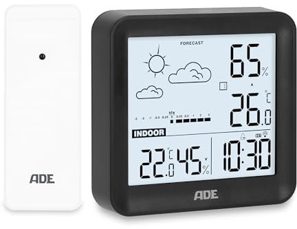 ADE Piccola stazione meteorologica digitale con sensore esterno e previsioni meteo | temperatura interna ed esterna | Umidità | Orologio radio con sveglia | batterie incluse | nero