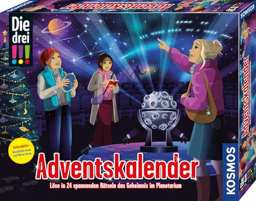 Kosmos 632649 Die DREI !!! Adventskalender 2025, Löse in 24 Rätseln das Geheimnis im Planetarium, mit 24 Detektiv-Gimmicks, Spielzeug-Adventskalender für Kinder ab 8 Jahre, Die DREI Ausrufezeichen