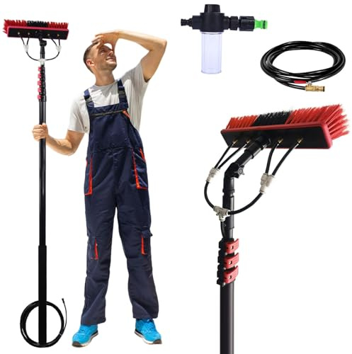 Brosse télescopique de nettoyage de fenêtre avec distributeur de savon, extensible de 3,6 à 10,8 m, idéale pour panneaux solaires, toits, camions – Brosse de 35 cm, longueur 7,2 m
