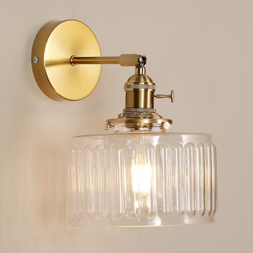 GreeLustr Industrial Wall Light with Clear Glass Shade, Bathroom Vintage Wall Lamp Brass Finish with Switch Single Head, Retro Wall Sconces Indoor for Bedside Bedroom Vanity Mirror, E27, 7″ Lantern