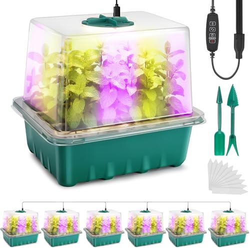 Seed Starter Tray with Grow Light, 6pcs Seed Starter Kits with Light and Humidity Domes, Timing Controller & Adjustable Brightness & 3 Light Mode, Indoor Seedling Starter Plant Germination Trays