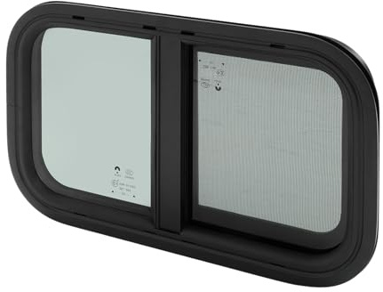 Shalmidor Fenêtre de camping-car avec moustiquaire 500 x 300 mm, fenêtre coulissante arrondie, noir, côté passager, aluminium, verre émergé, pour camping-car, remorque