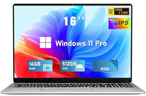 FUNYET Ordenador Portátil 16 Pulgadas Celeron N100 Quad-Core hasta 3.4GHz Laptop 16GB RAM 512GB SSD Win 11 FHD 1920×1200 USB 3.0 BT 5.0 WiFi 5 HDMI Teclado Retroiluminado Mini Puerto Multimedia