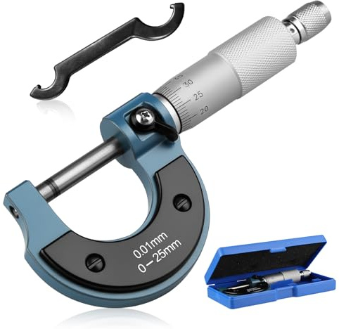 GEU Outside Micrometer 0-25mm, 0.01mm High Precision Metric Caliper | 0.01mm Graduation Thickness Gauge Tool with Carbide Tipped Anvil, Satin Chrome Finish & Calibration Wrench for Mechanics DIY