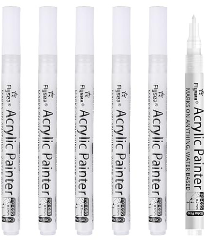 6 Stück weiße Acrylstifte, schnell trocknend- 0,7 mm Spitze- feine Spitze, Deckende Acrylmar,Verwendbar auf Verschiedenen Oberflächen - Papier Holz EierschalenStoff Stein Metall Keramik