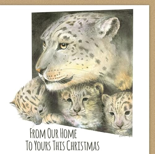 Ceinwen Campbell Weihnachtskarte, Motiv: Schneeleopard und Jungtiere, handbemaltes Aquarell-Design, 15 cm x 15 cm, einfache Qualität, strukturiert, blanko, Grußkarte