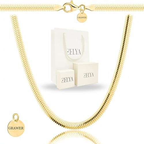 ZELYA GOLD kette 925/585 damen– Schlangenkette 3,5-4,3 mm breit, 45–60 cm Länge, collier gold- choker gold snak, goldene kette personalisiert, Echt Silber Schmuck Geschenk set