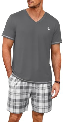 Marvmys pyjamas herr bomull kort sommar tvådelad kortärmad V-ringad pyjamas set rutiga pyjamasbyxor hemmadräkt sovkläder S-3XL