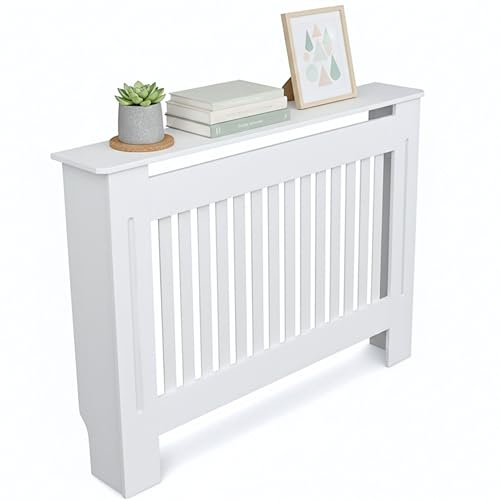 Modern Slatted Design Radiator Cover – Medium Size (19D x 112W x 82H cm) – White Satin Painted Durable MDF, Airflow-Optimised – Easy Assembly Wooden Heater Cover