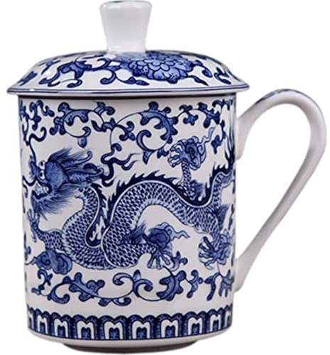 Peosaard Taza de cerámica con Tapa, Tazas de té Chinas, Taza de té de cerámica Azul y Blanca de Gran Capacidad de 500 ml con Tapa y asa para Oficina en casa de Hojas Sueltas